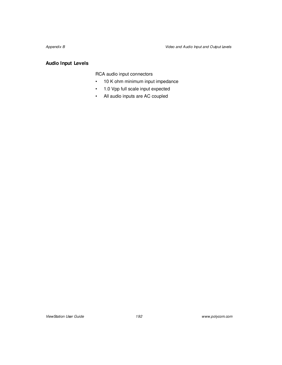 Polycom ViewStation manual Audio Input Levels 