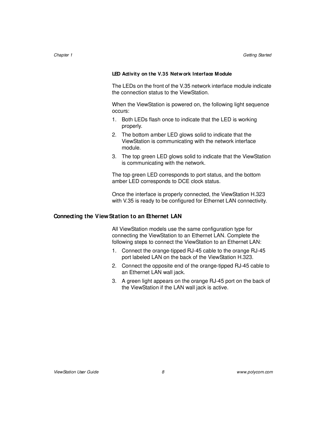 Polycom manual Connecting the ViewStation to an Ethernet LAN, LED Activity on the V.35 Network Interface Module 