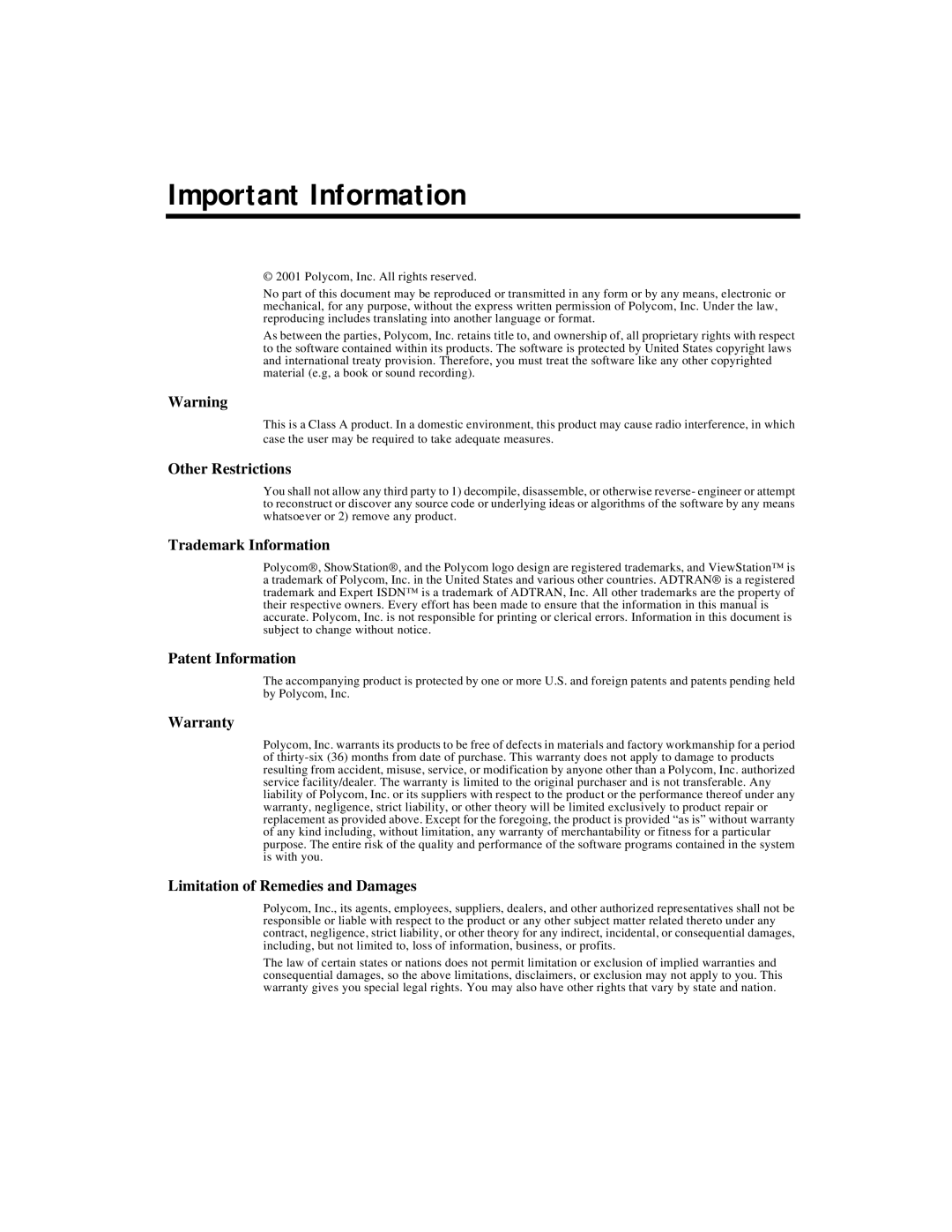 Polycom ViewStation manual Important Information 