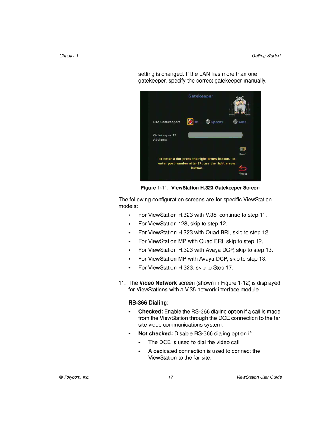 Polycom manual RS-366 Dialing, ViewStation H.323 Gatekeeper Screen 