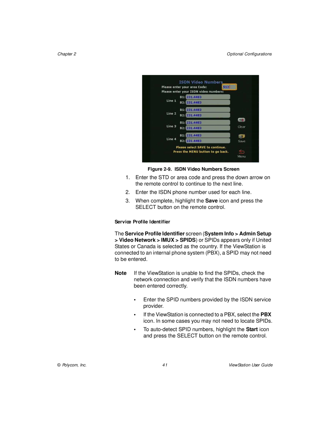 Polycom ViewStation manual Service Profile Identifier, Isdn Video Numbers Screen 