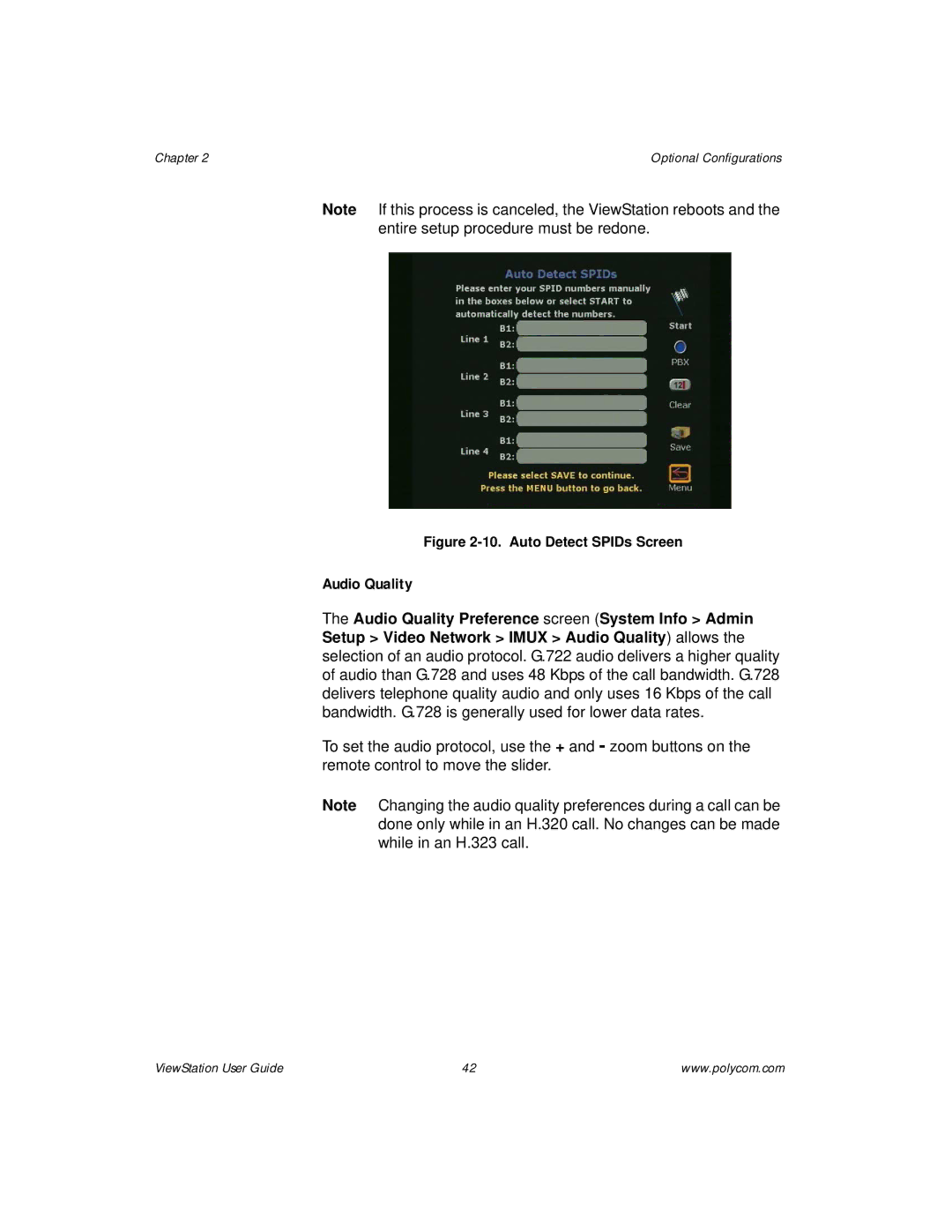 Polycom ViewStation manual Audio Quality, Auto Detect SPIDs Screen 