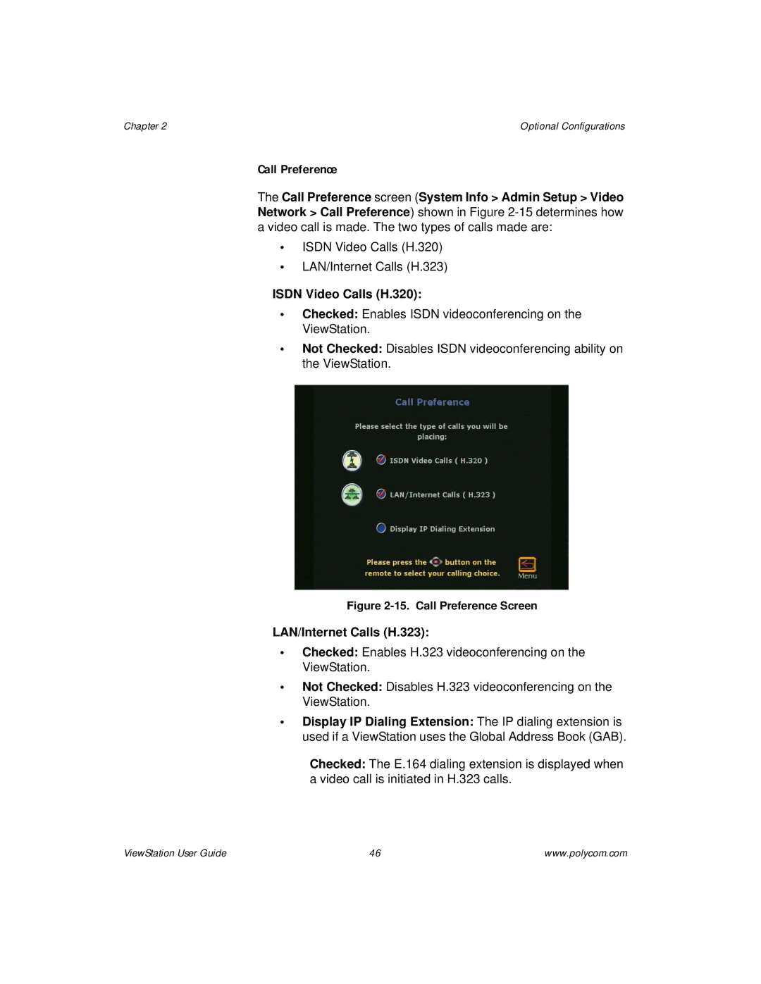 Polycom ViewStation manual Call Preference Screen 