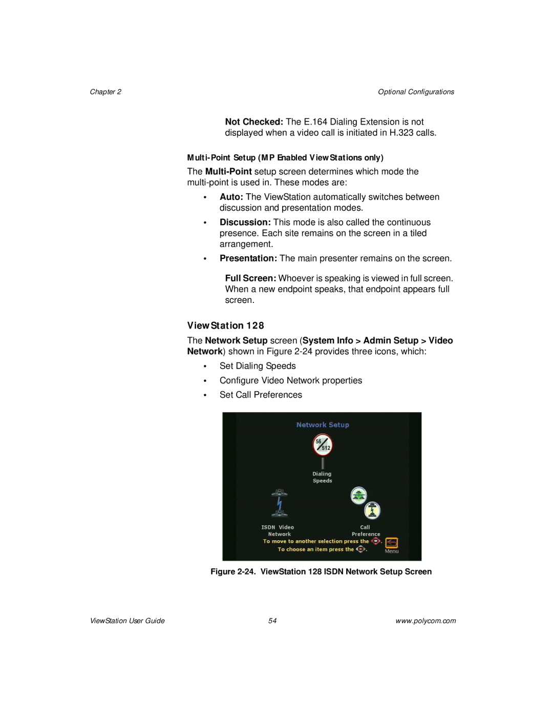 Polycom manual Multi-Point Setup MP Enabled ViewStations only, ViewStation 128 Isdn Network Setup Screen 