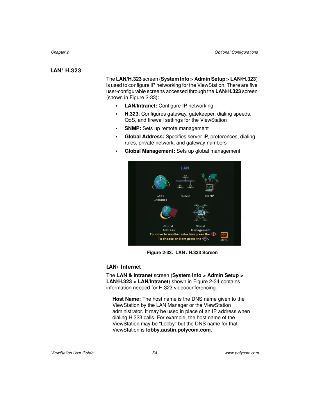 Polycom ViewStation manual LAN/H.323, LAN/Internet 