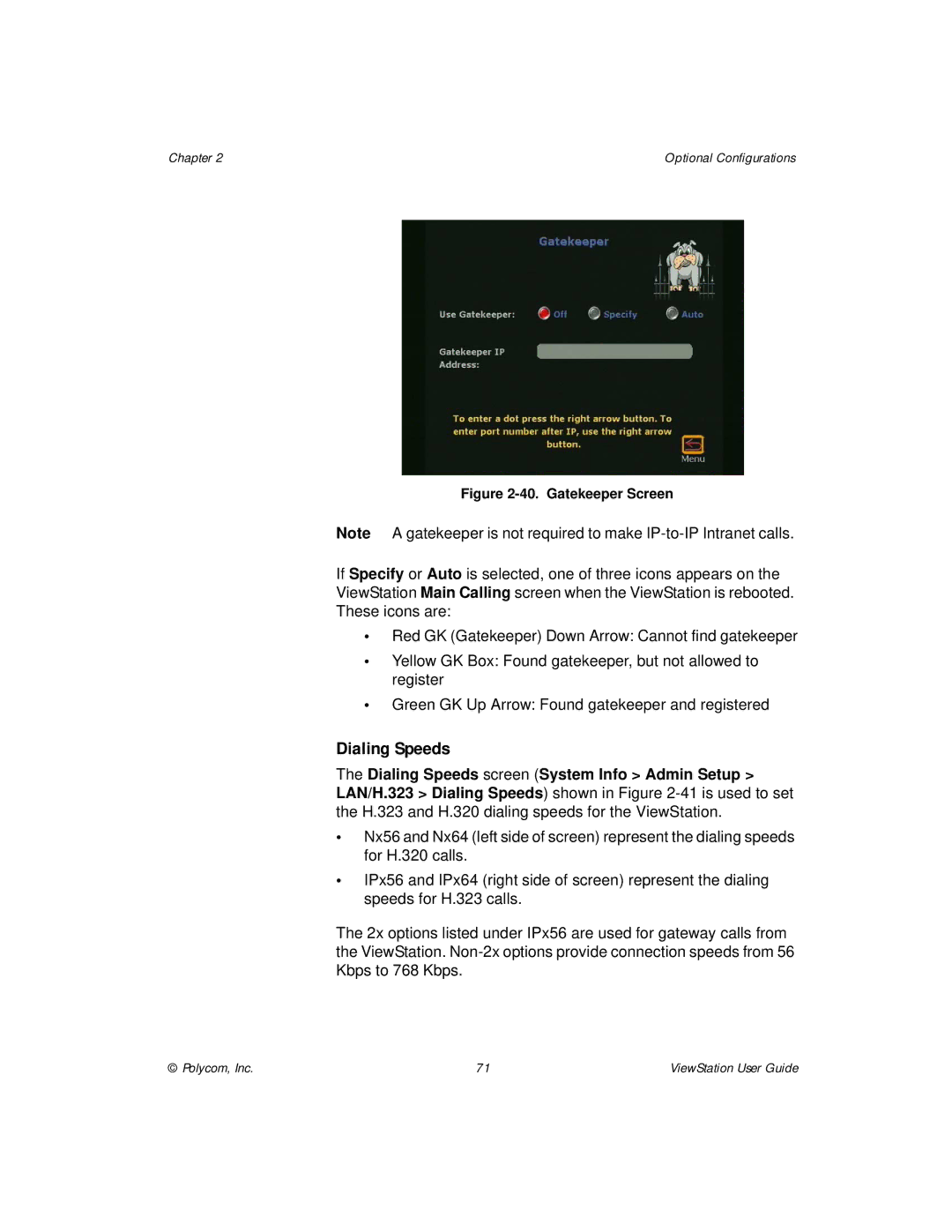 Polycom ViewStation manual Dialing Speeds, Gatekeeper Screen 