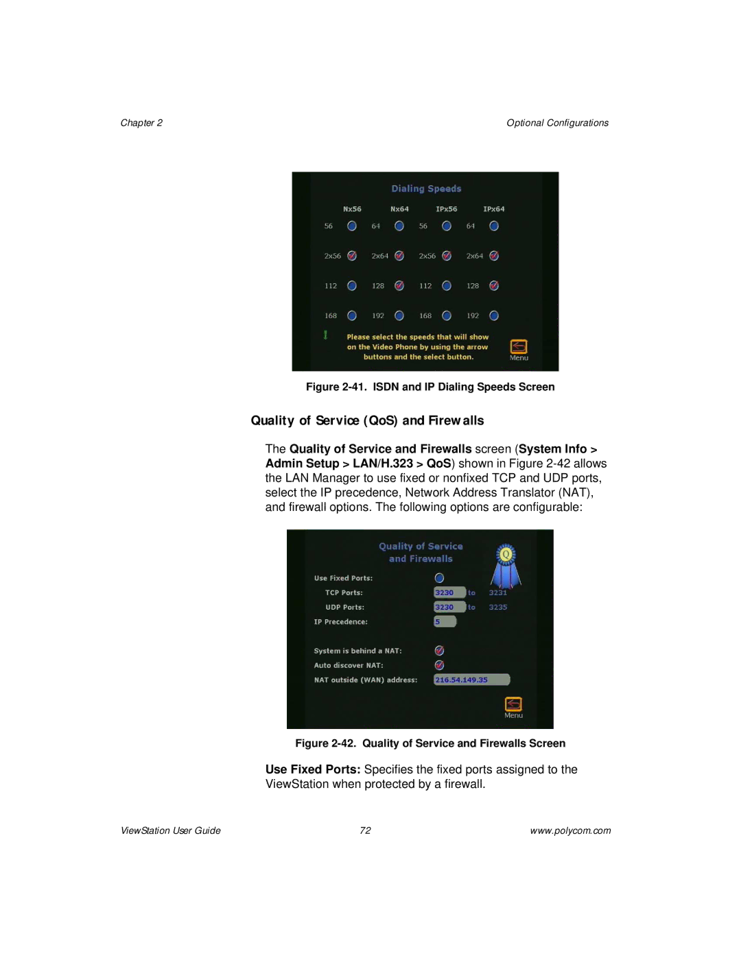 Polycom ViewStation manual Quality of Service QoS and Firewalls, Isdn and IP Dialing Speeds Screen 