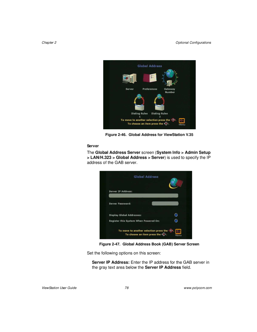 Polycom manual Server, Global Address for ViewStation 