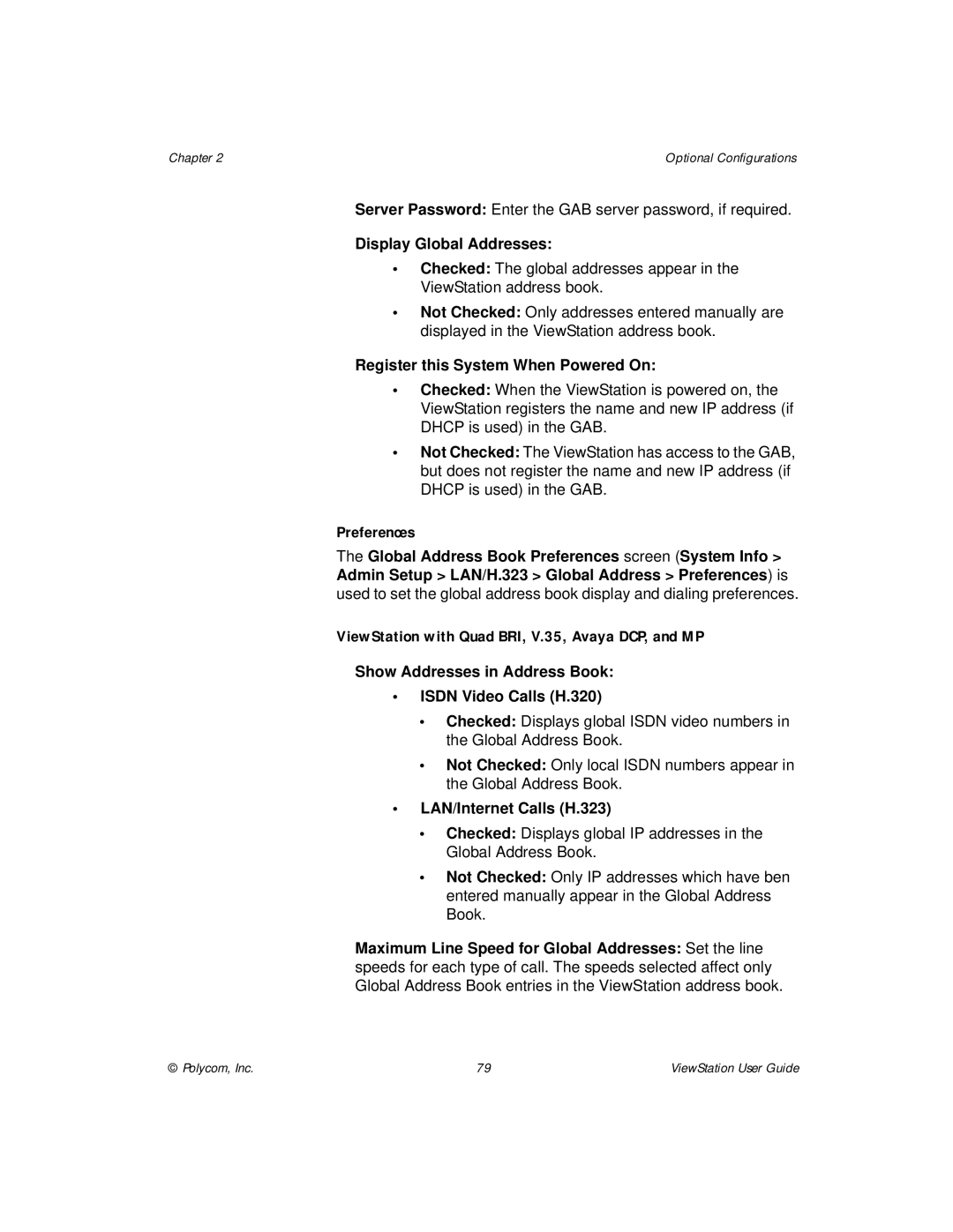 Polycom manual Preferences, ViewStation with Quad BRI, V.35, Avaya DCP, and MP, Display Global Addresses 