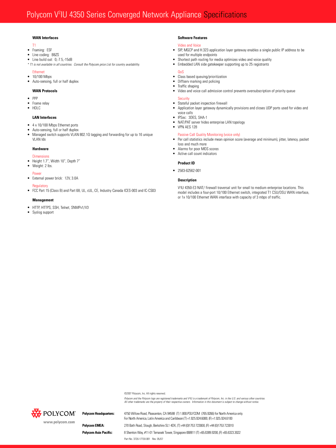 Polycom VIU 4350 WAN Interfaces, WAN Protocols, LAN Interfaces, Management, Software Features, Product ID, Description 