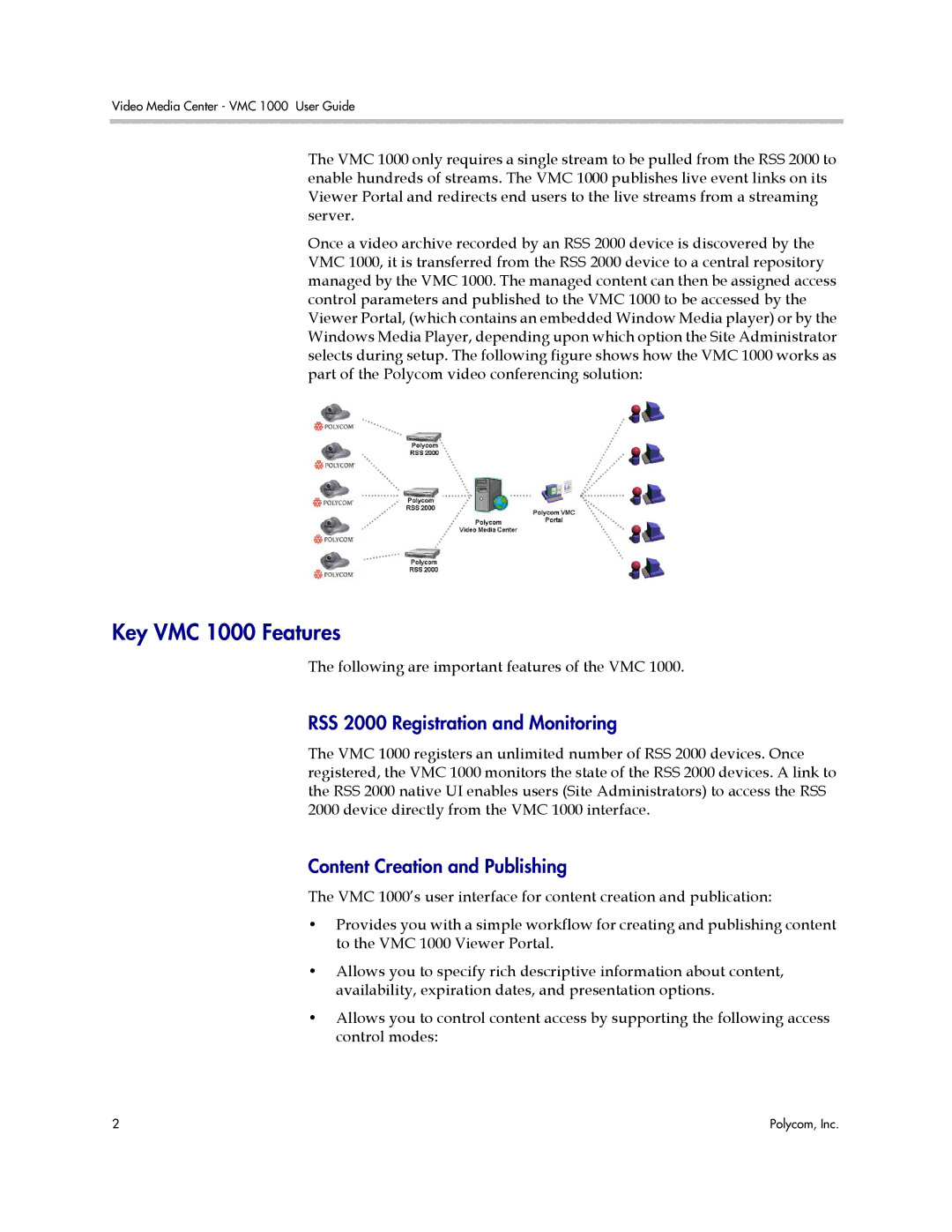 Polycom manual Key VMC 1000 Features, RSS 2000 Registration and Monitoring, Content Creation and Publishing 