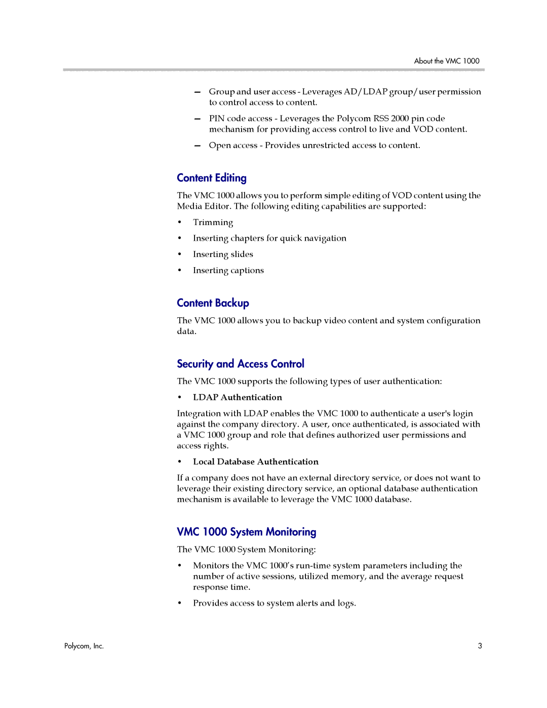 Polycom manual Content Editing, Content Backup, Security and Access Control, VMC 1000 System Monitoring 