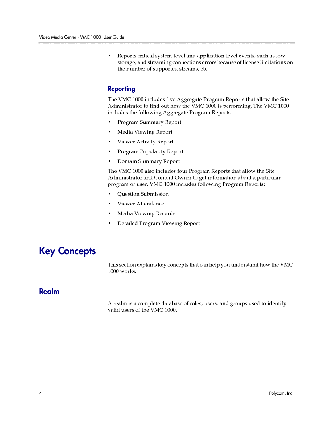 Polycom VMC 1000 manual Key Concepts, Realm, Reporting 