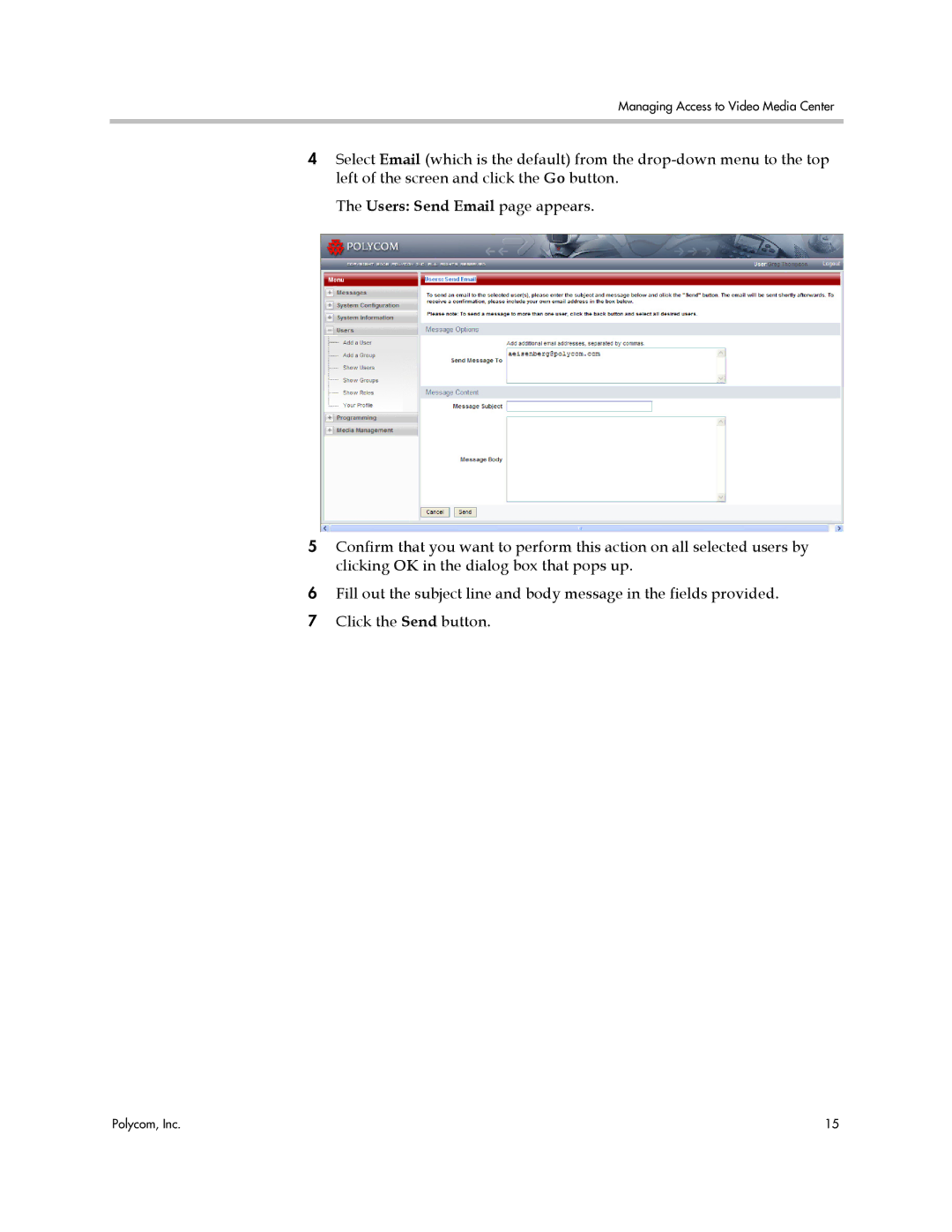 Polycom VMC 1000 manual Users Send Email page appears 