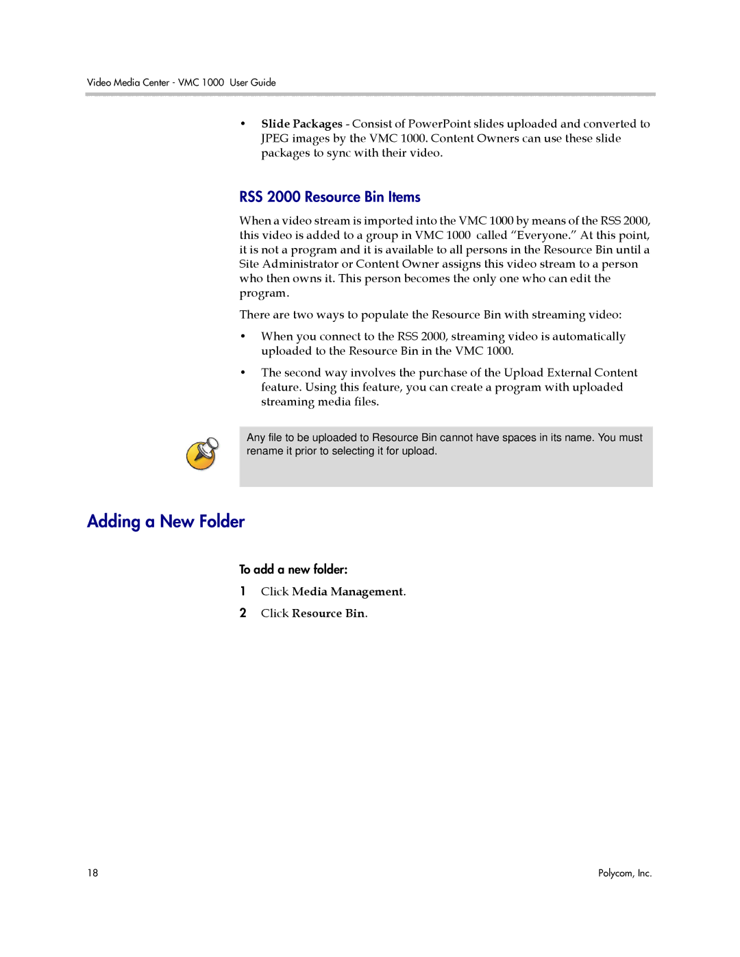 Polycom VMC 1000 manual Adding a New Folder, RSS 2000 Resource Bin Items, Click Media Management Click Resource Bin 