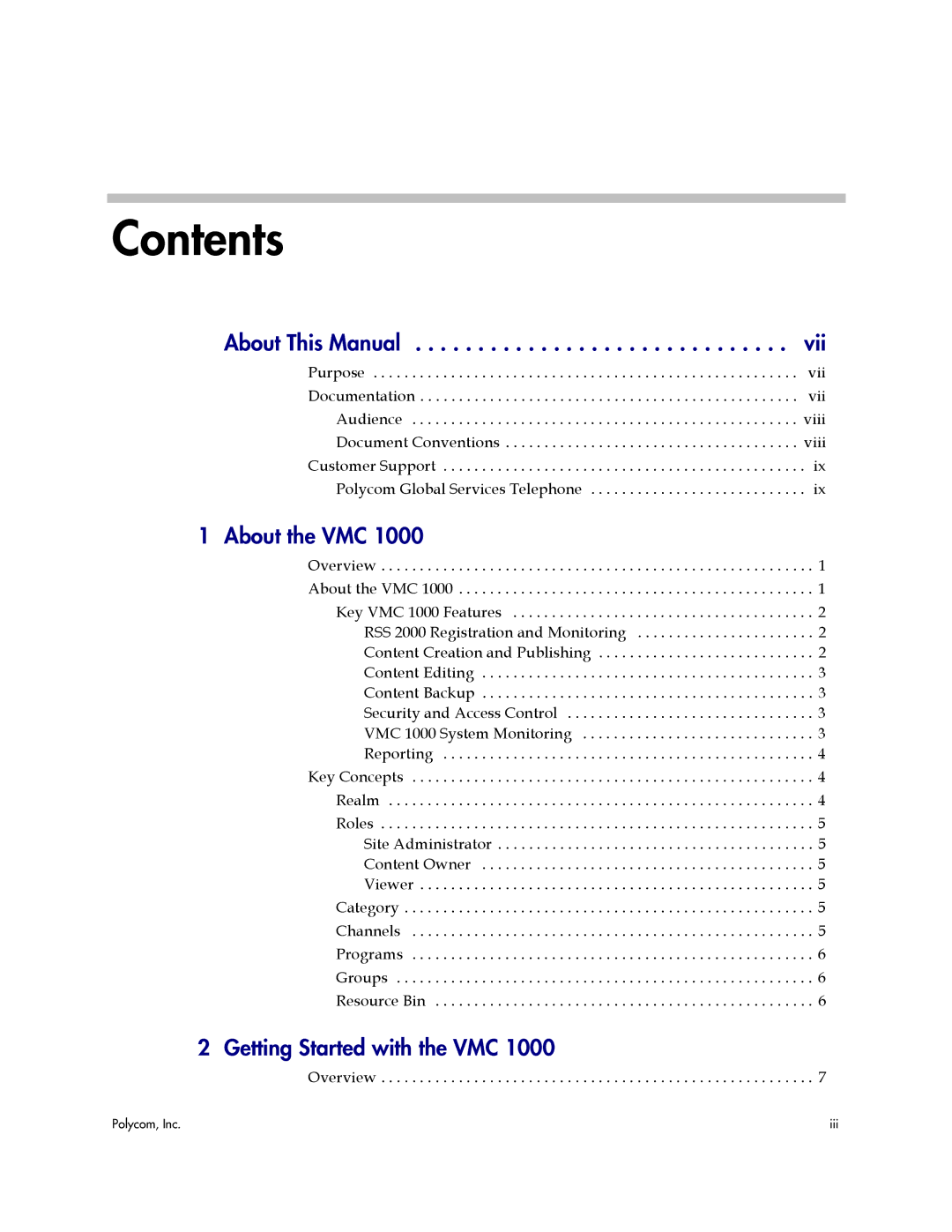 Polycom VMC 1000 manual Contents 