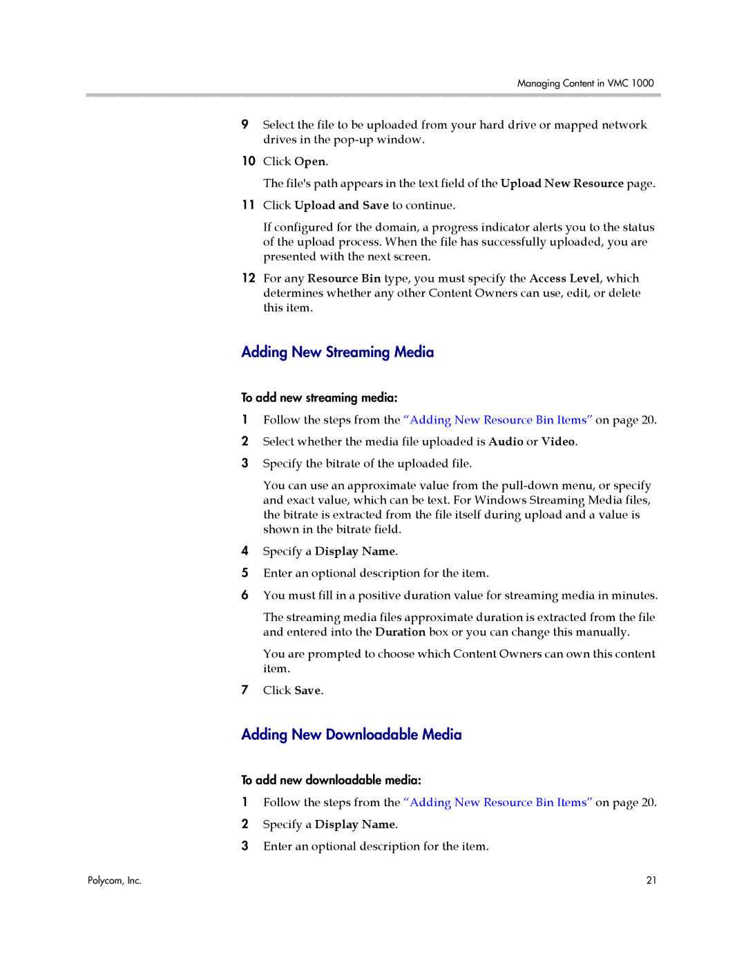 Polycom VMC 1000 manual Adding New Streaming Media, Adding New Downloadable Media, Specify a Display Name 