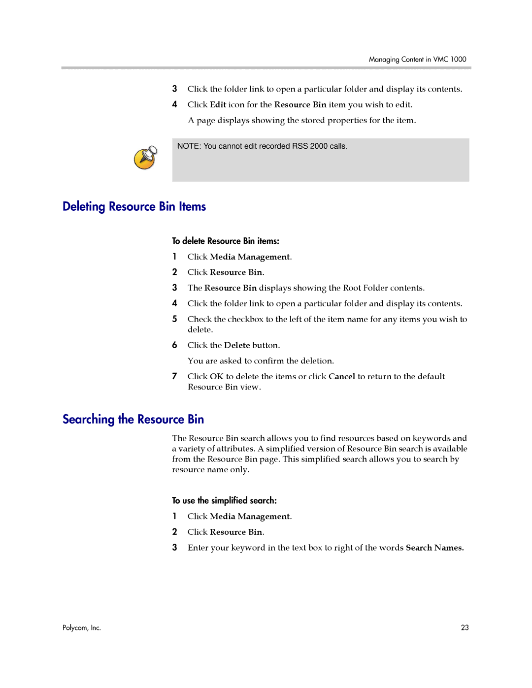 Polycom VMC 1000 manual Deleting Resource Bin Items, Searching the Resource Bin 