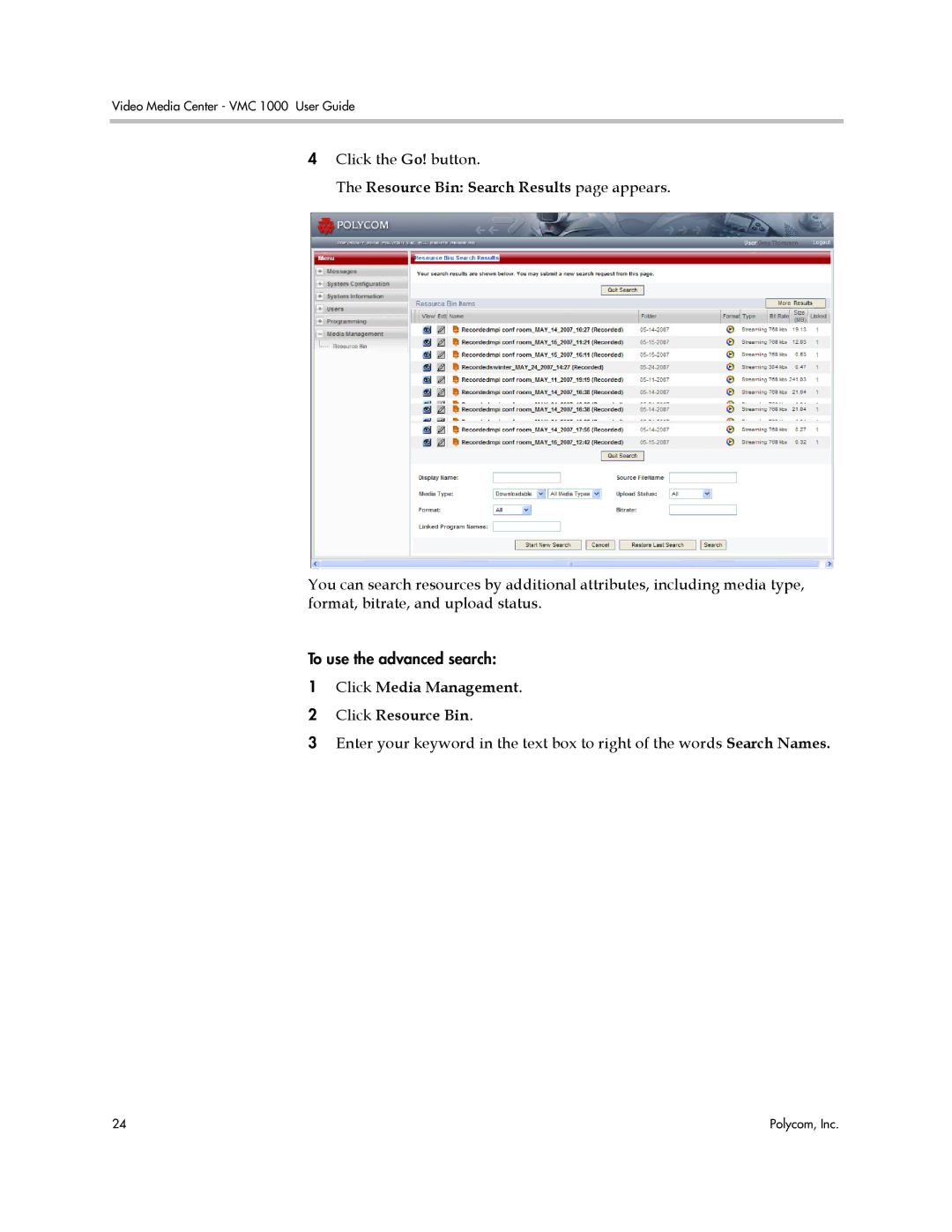 Polycom VMC 1000 manual Resource Bin Search Results page appears 