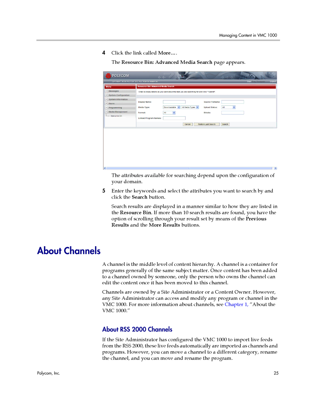 Polycom VMC 1000 manual About Channels, About RSS 2000 Channels, Resource Bin Advanced Media Search page appears 