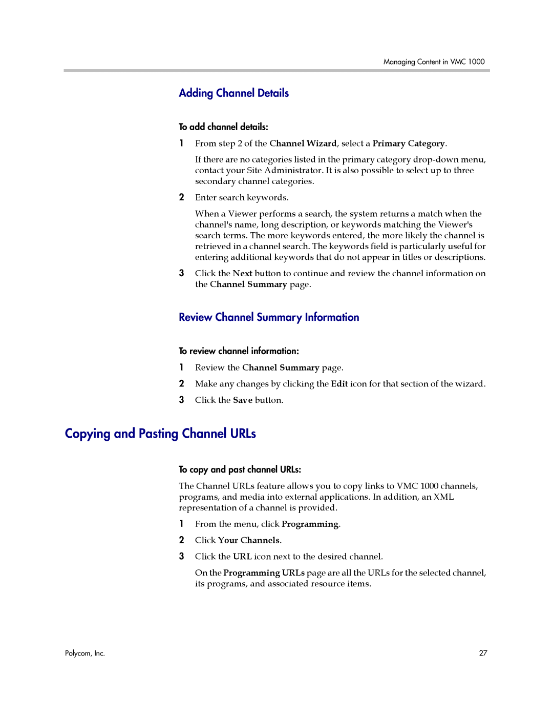 Polycom VMC 1000 manual Copying and Pasting Channel URLs, Adding Channel Details, Review Channel Summary Information 