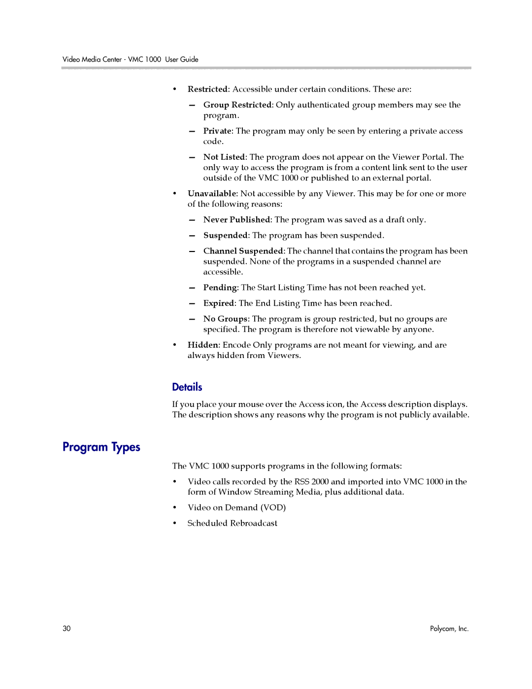 Polycom VMC 1000 manual Program Types, Details 