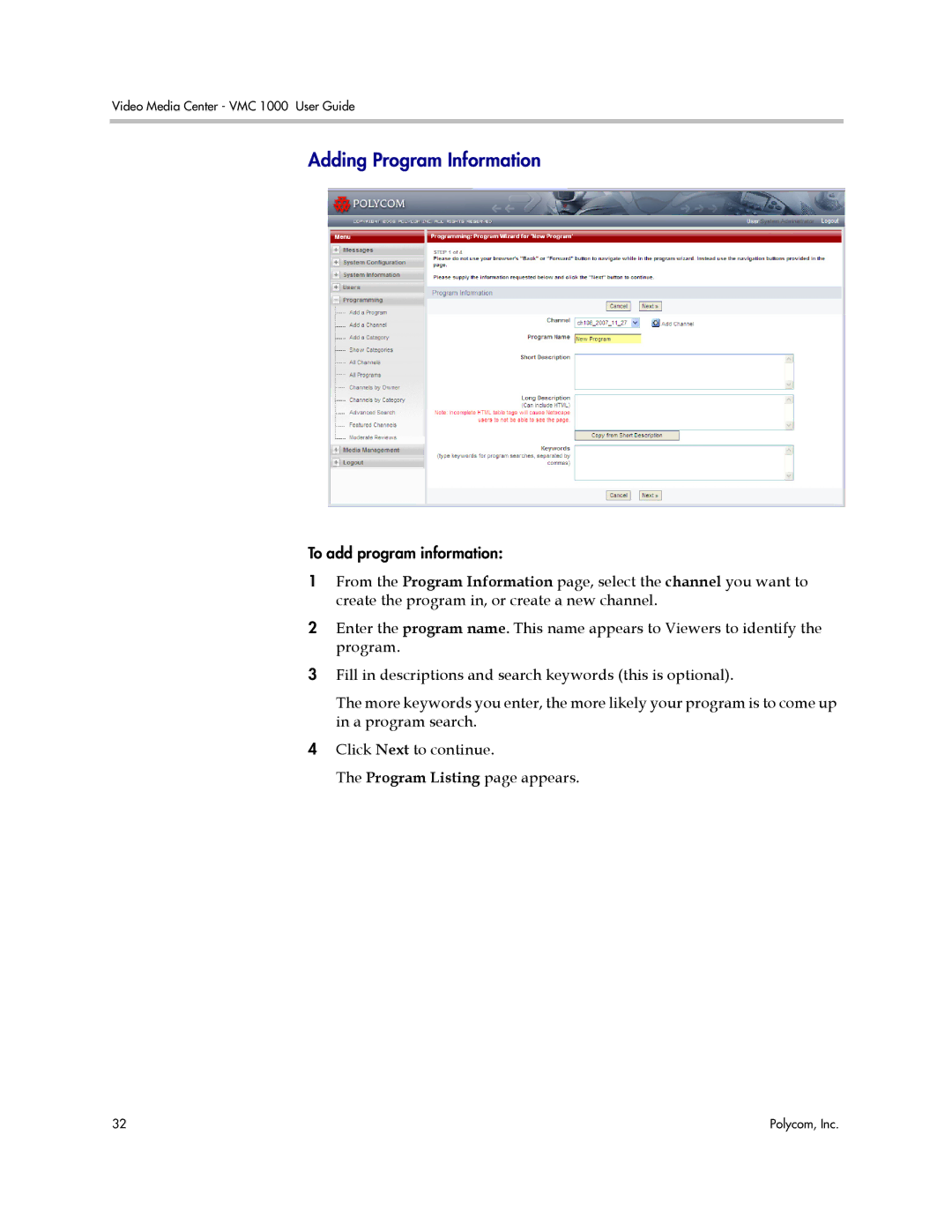 Polycom VMC 1000 manual Adding Program Information 