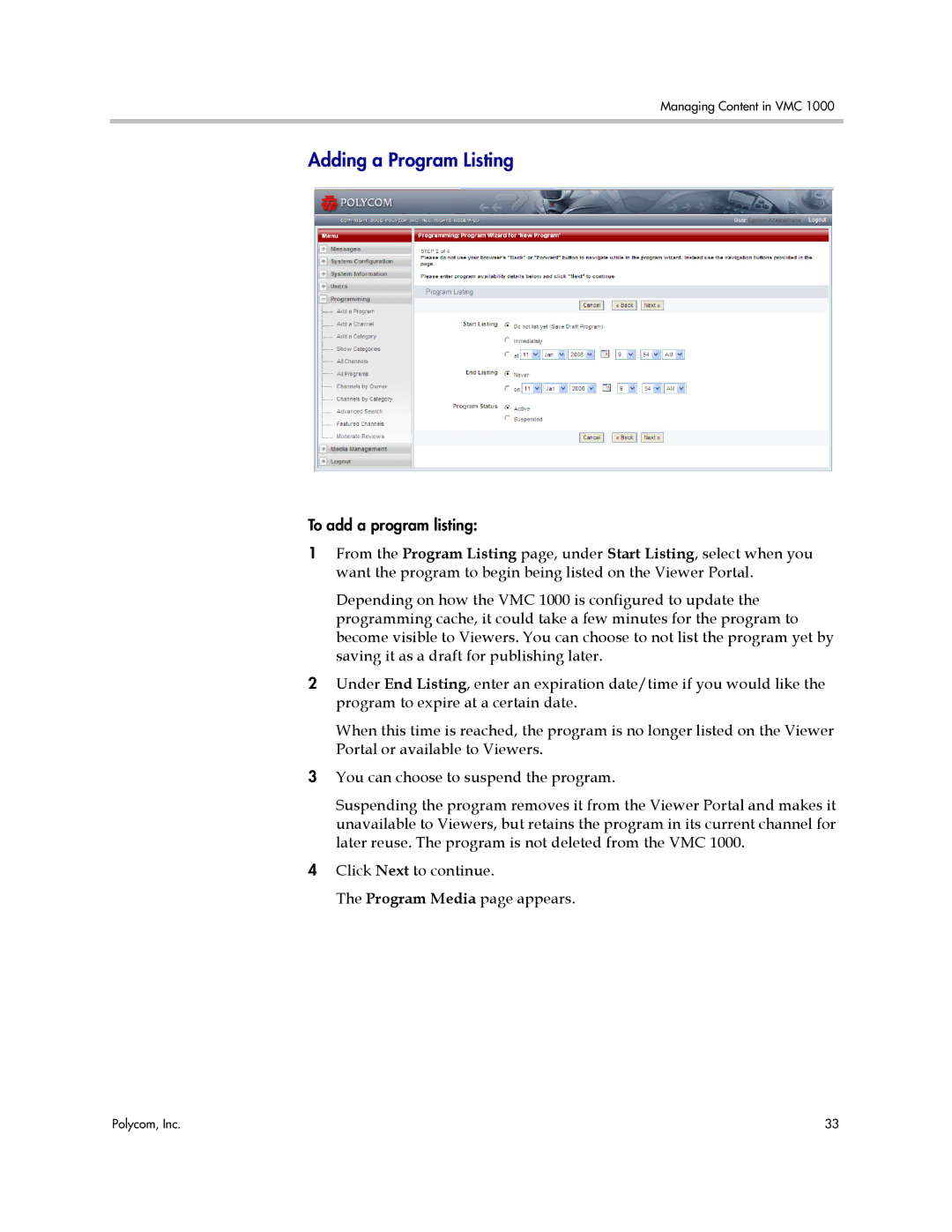 Polycom VMC 1000 manual Adding a Program Listing 