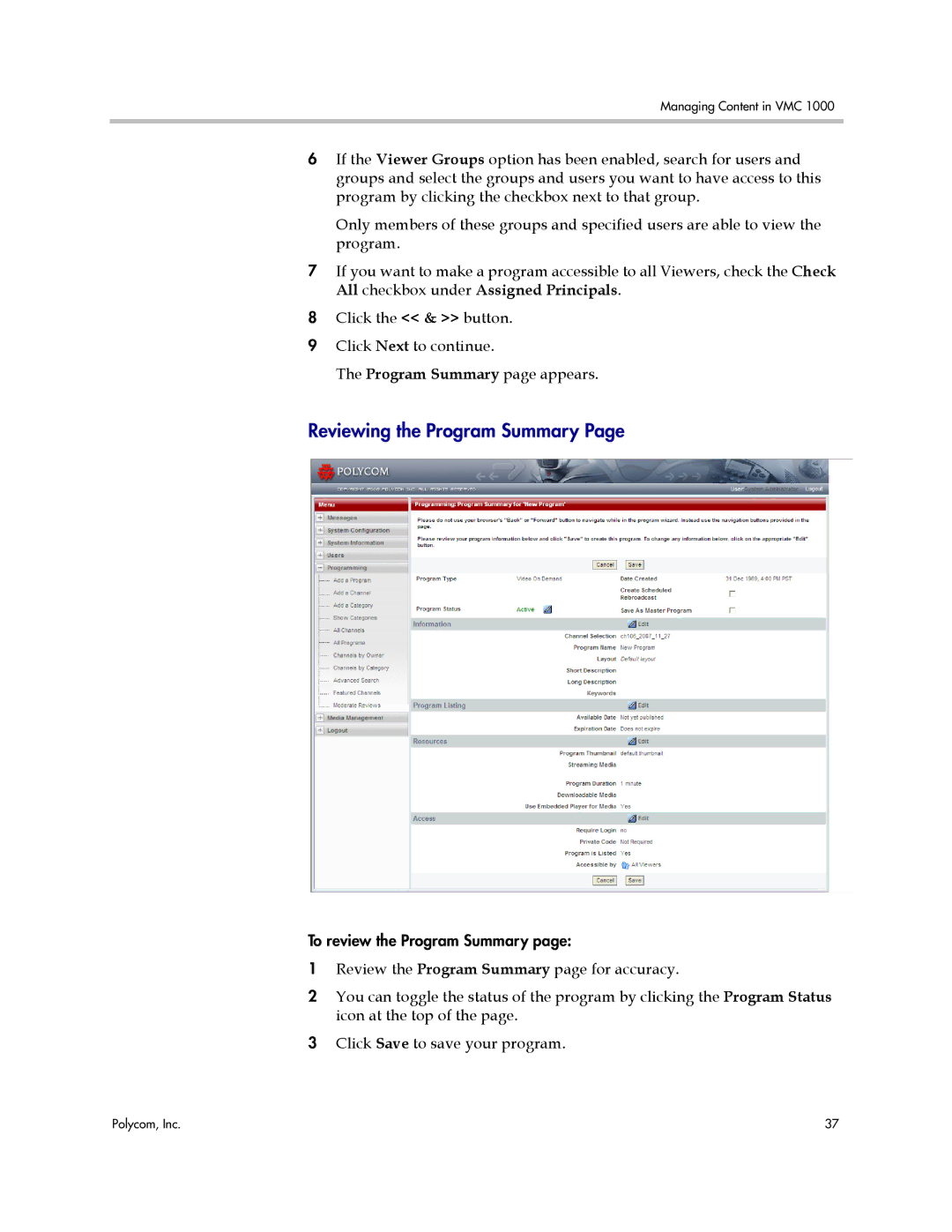 Polycom VMC 1000 manual Reviewing the Program Summary 