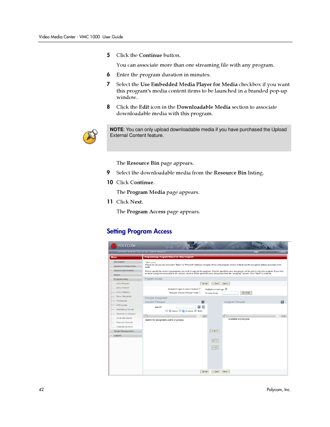 Polycom VMC 1000 manual Setting Program Access 