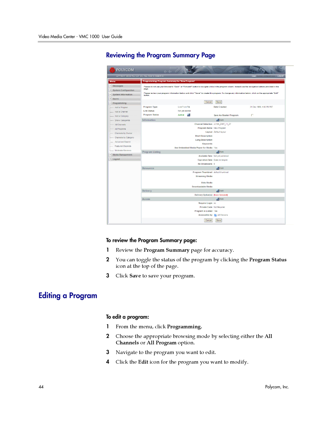 Polycom VMC 1000 manual Editing a Program, Reviewing the Program Summary 