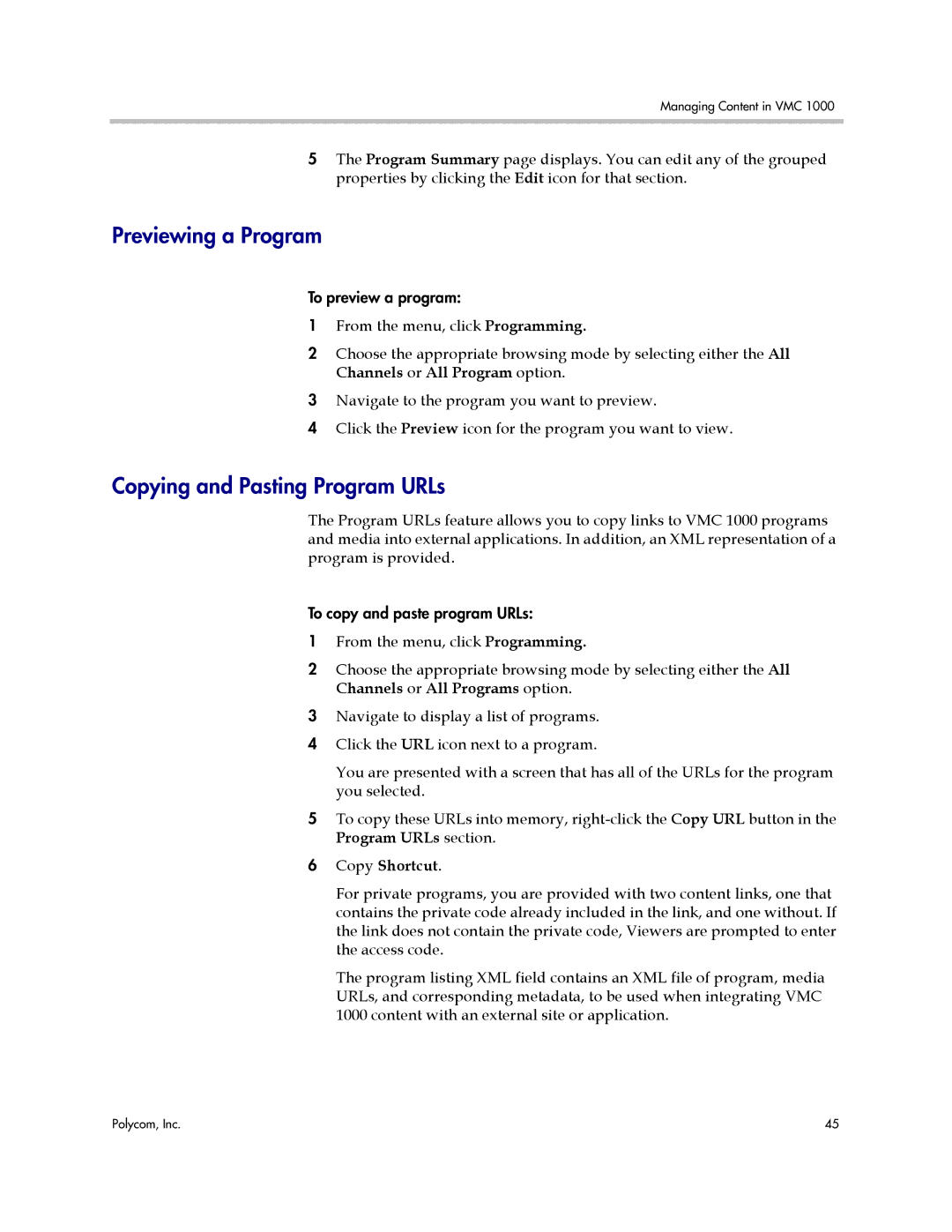 Polycom VMC 1000 manual Previewing a Program, Copying and Pasting Program URLs 