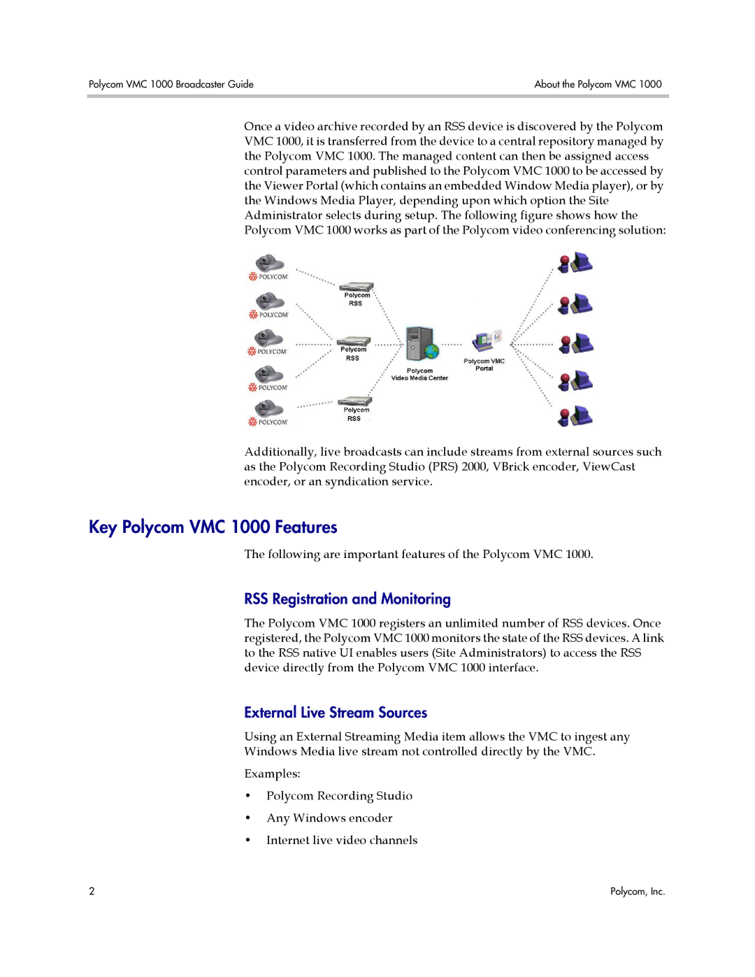 Polycom manual Key Polycom VMC 1000 Features, RSS Registration and Monitoring, External Live Stream Sources 