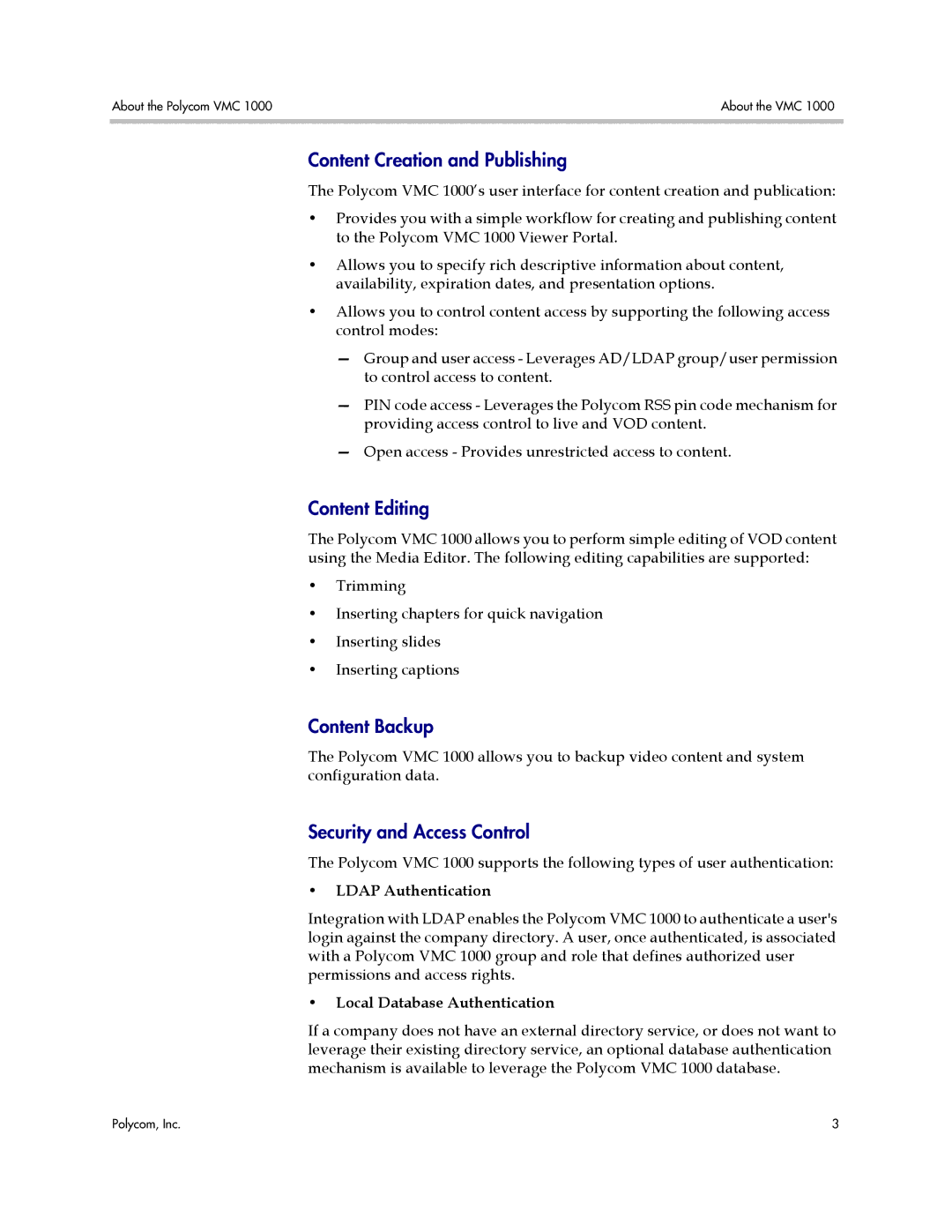 Polycom VMC 1000 manual Content Creation and Publishing, Content Editing, Content Backup, Security and Access Control 