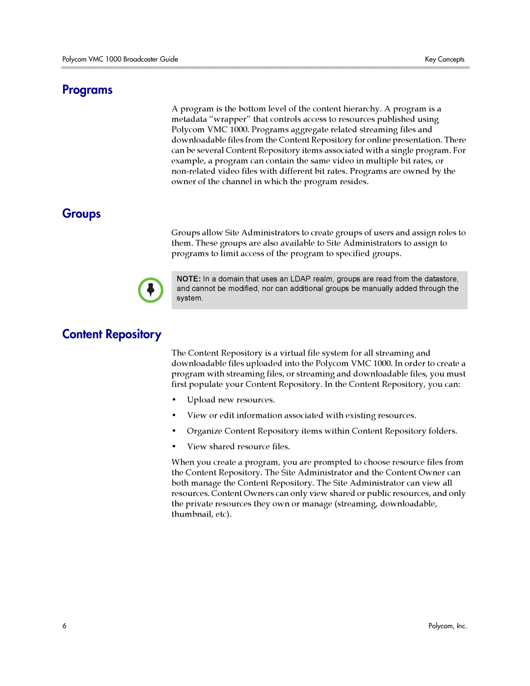 Polycom VMC 1000 manual Programs, Groups, Content Repository 