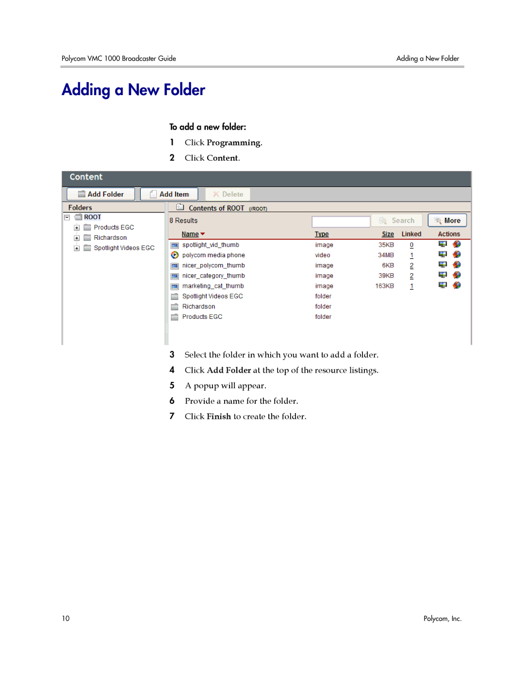 Polycom VMC 1000 manual Adding a New Folder, Click Programming 