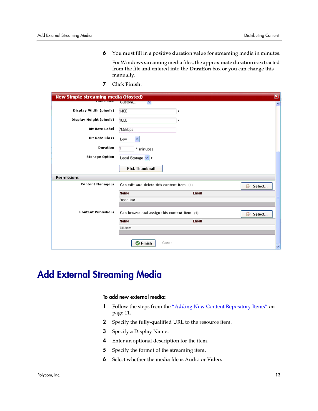 Polycom VMC 1000 manual Add External Streaming Media 