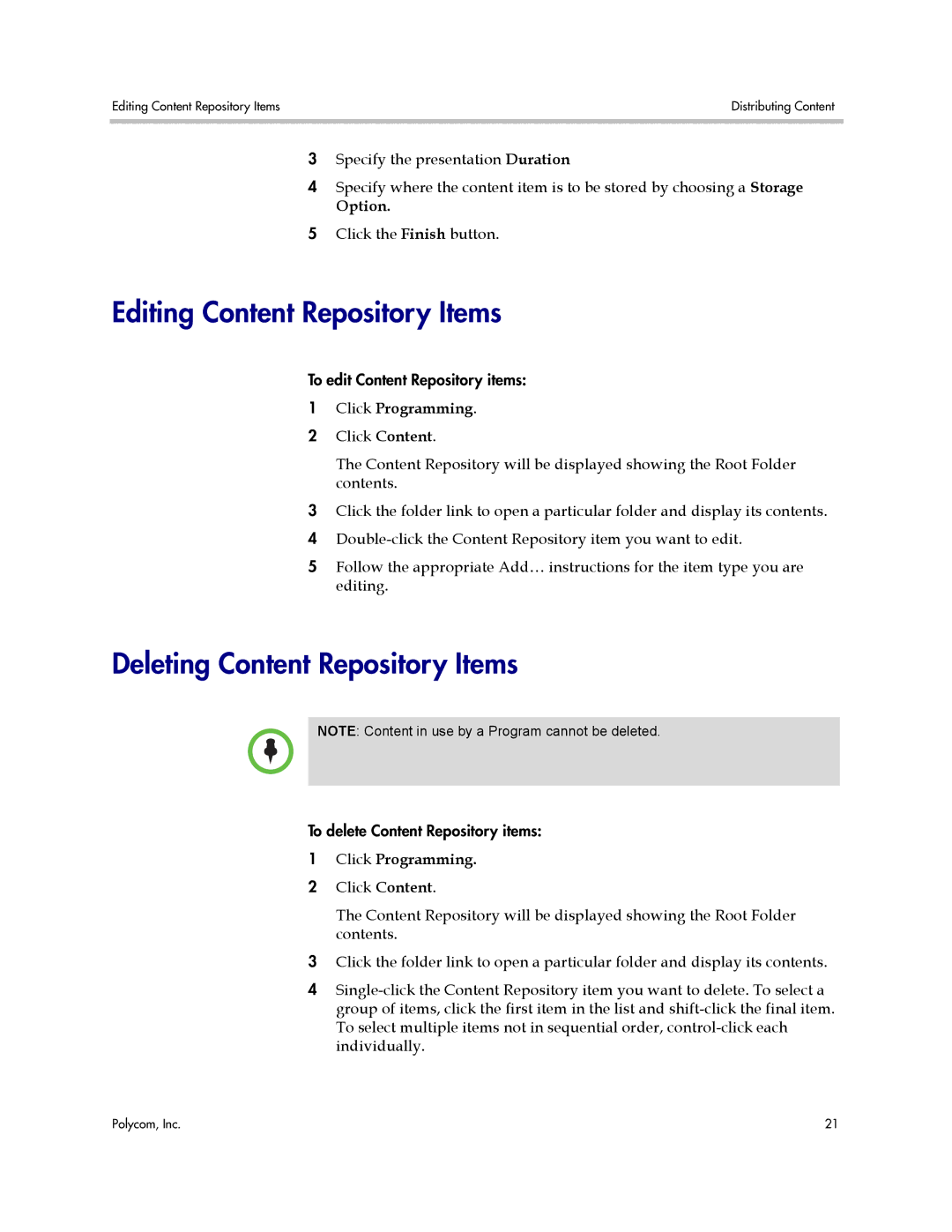 Polycom VMC 1000 manual Editing Content Repository Items, Deleting Content Repository Items 