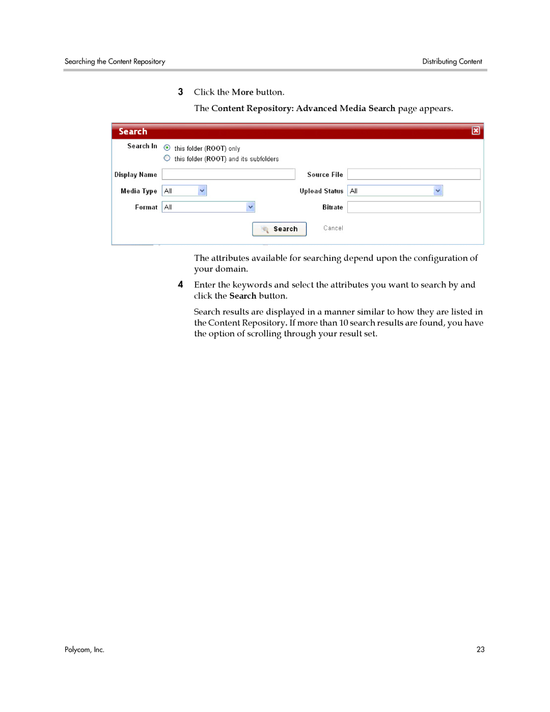 Polycom VMC 1000 manual Content Repository Advanced Media Search page appears 