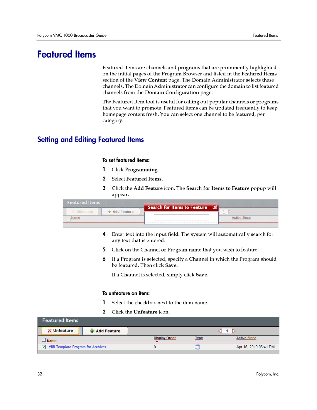 Polycom VMC 1000 manual Setting and Editing Featured Items, Click Programming Select Featured Items 