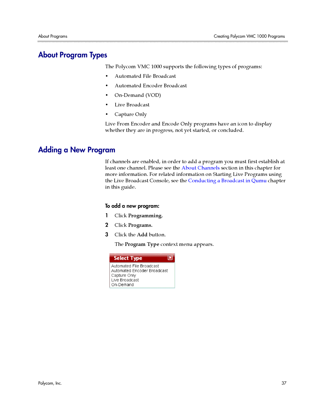 Polycom VMC 1000 manual About Program Types, Adding a New Program, Click Programming Click Programs 