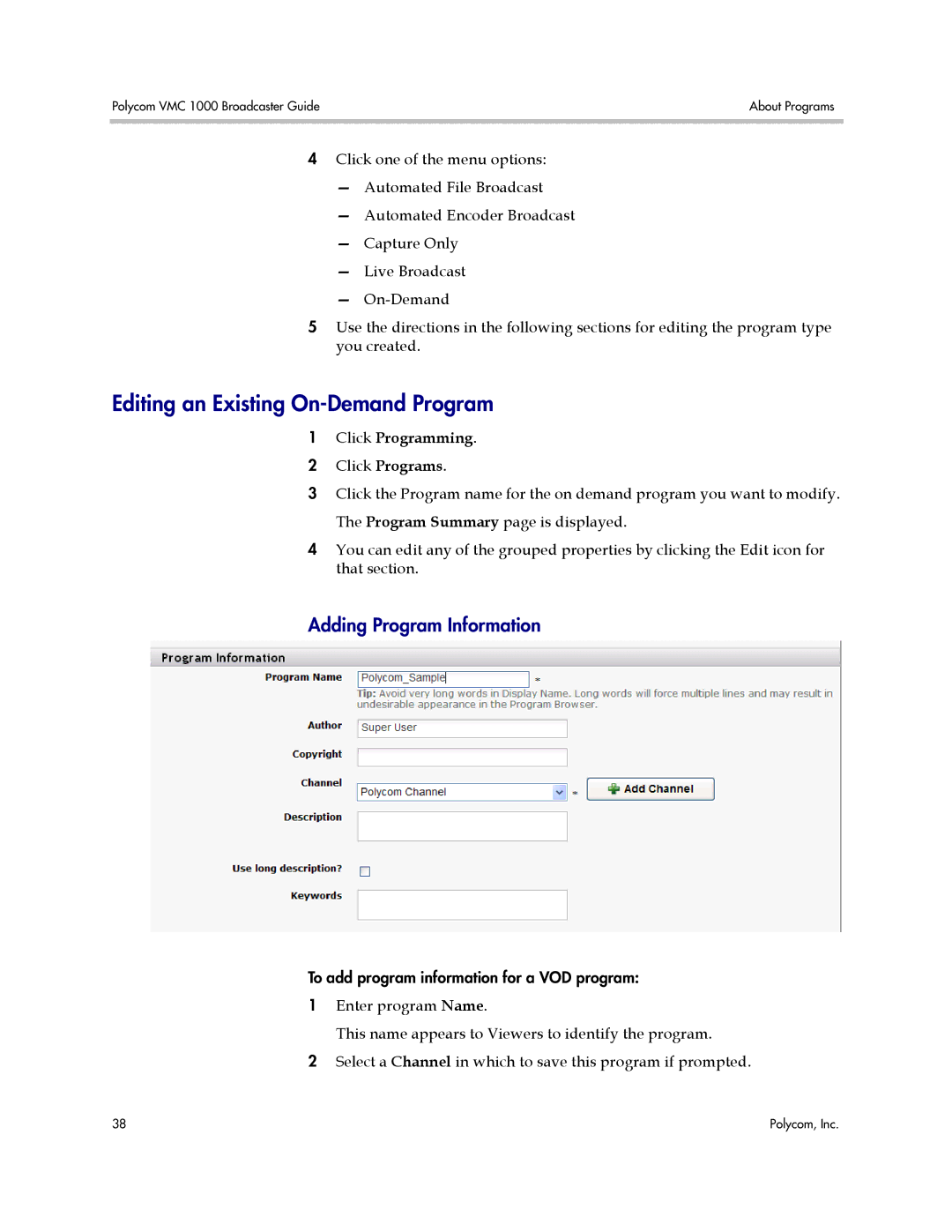 Polycom VMC 1000 manual Editing an Existing On-Demand Program, Adding Program Information 