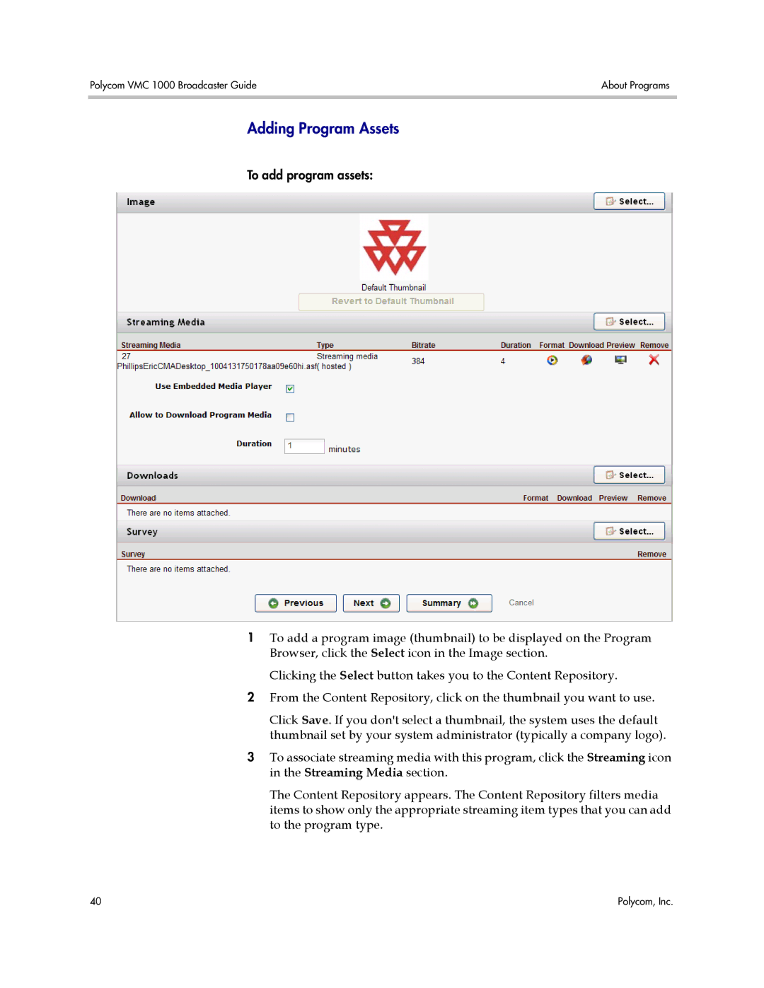 Polycom VMC 1000 manual Adding Program Assets 