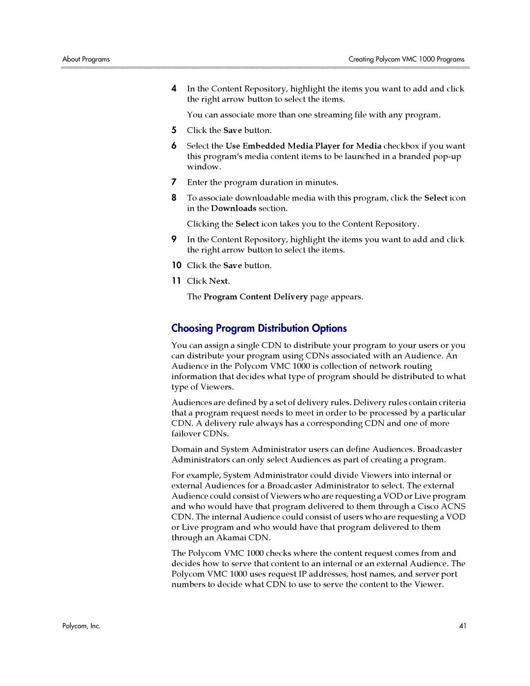 Polycom VMC 1000 manual Choosing Program Distribution Options, Program Content Delivery page appears 