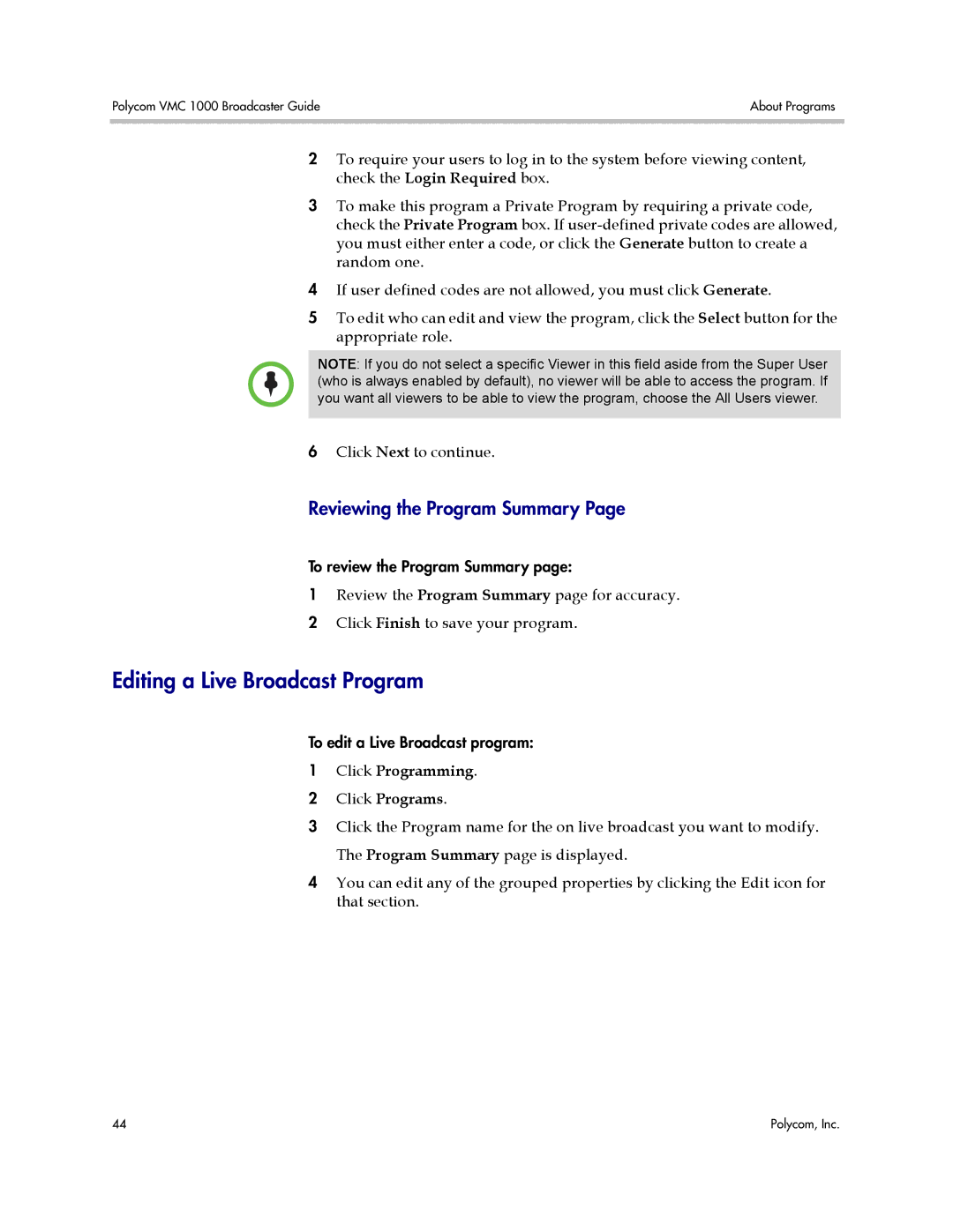 Polycom VMC 1000 manual Editing a Live Broadcast Program, Reviewing the Program Summary 