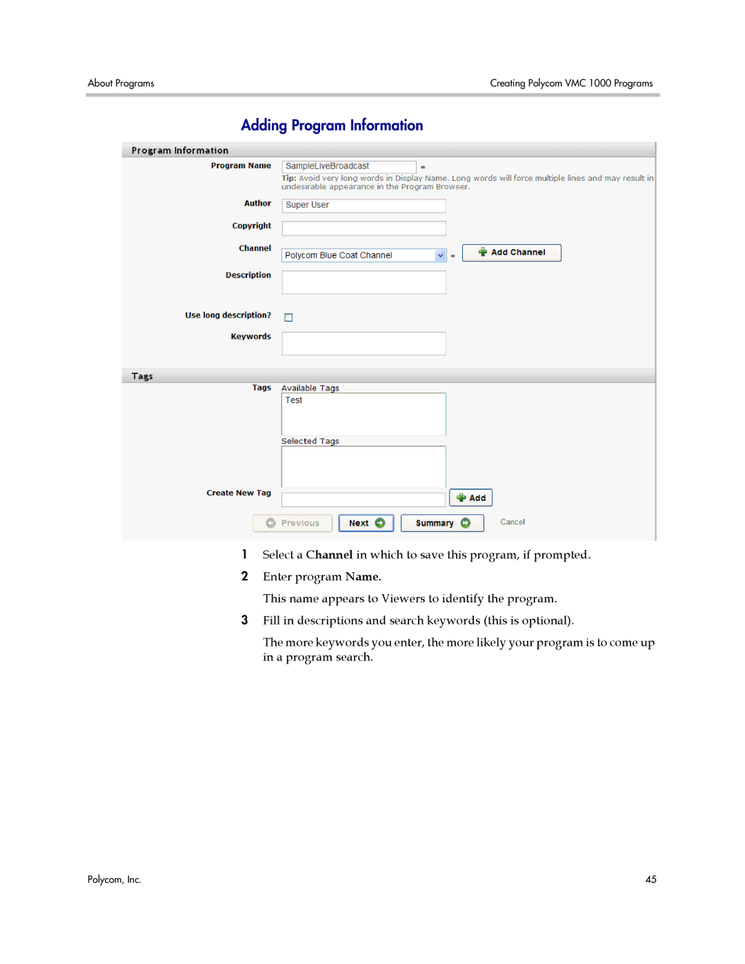 Polycom VMC 1000 manual Adding Program Information 