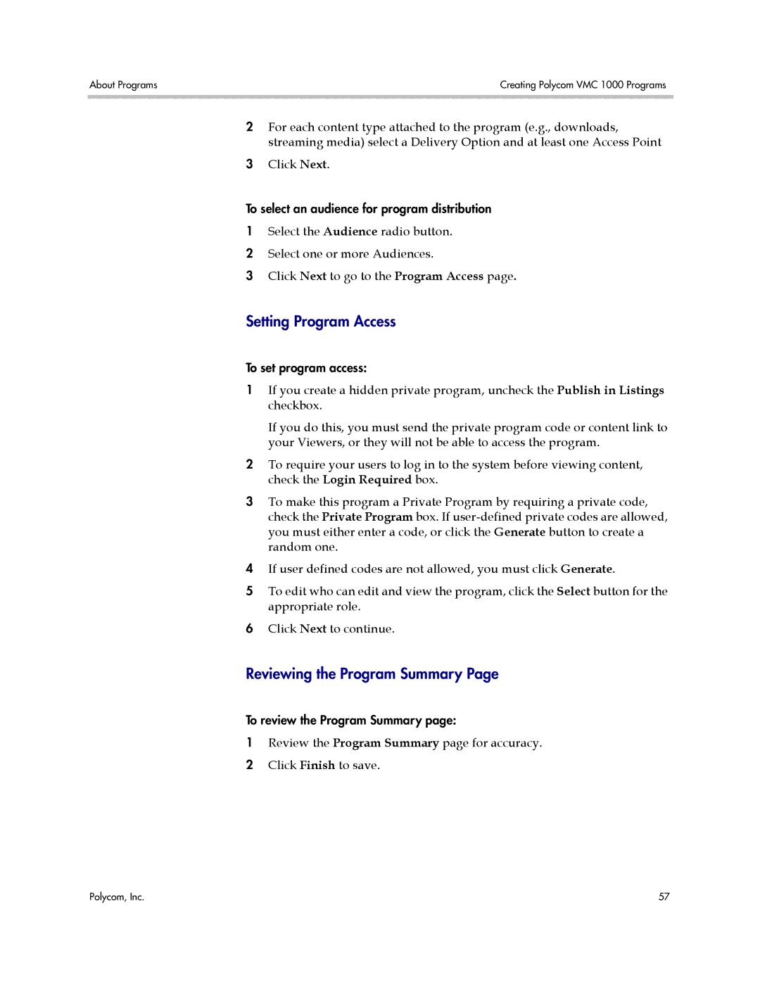 Polycom VMC 1000 manual Setting Program Access 