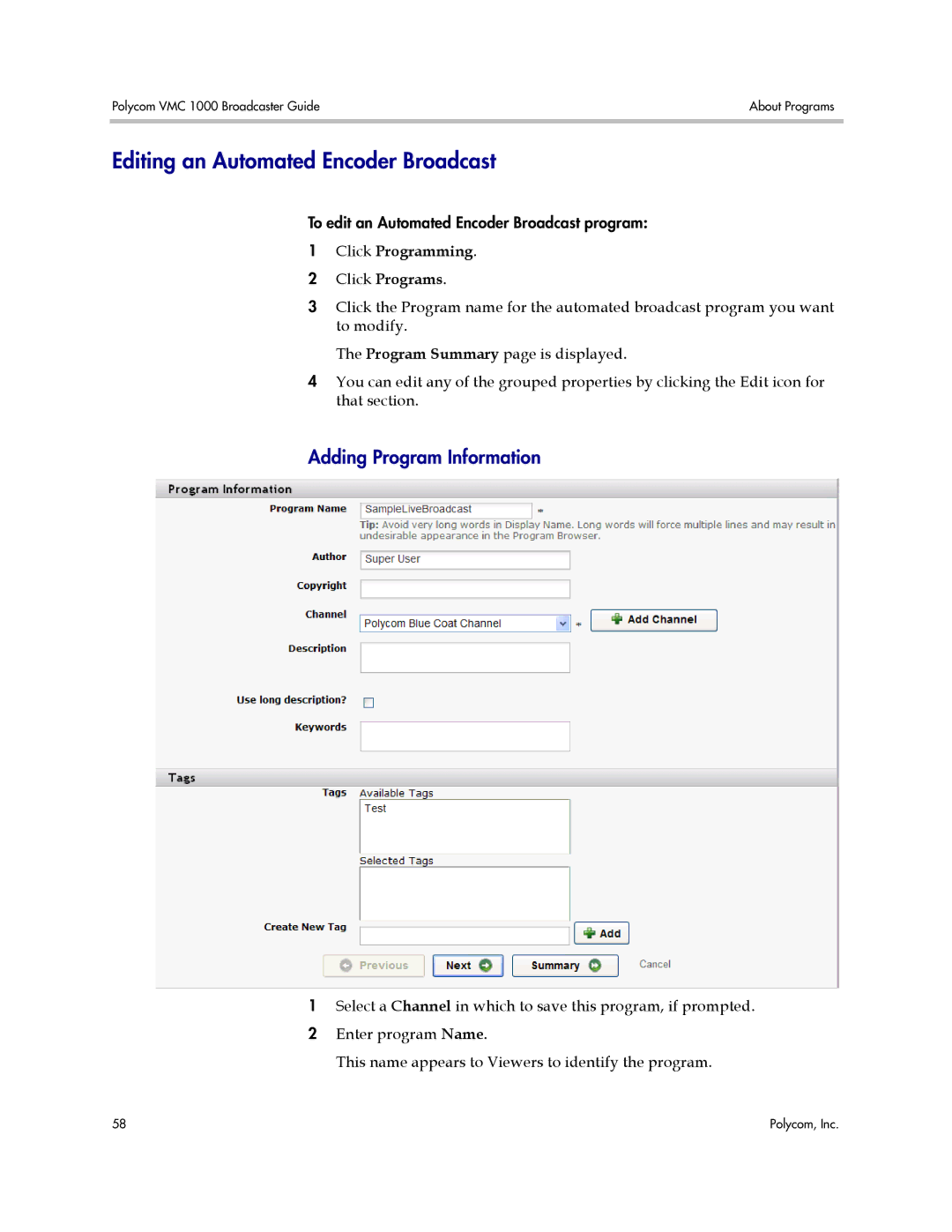 Polycom VMC 1000 manual Editing an Automated Encoder Broadcast, Click Programming Click Programs 