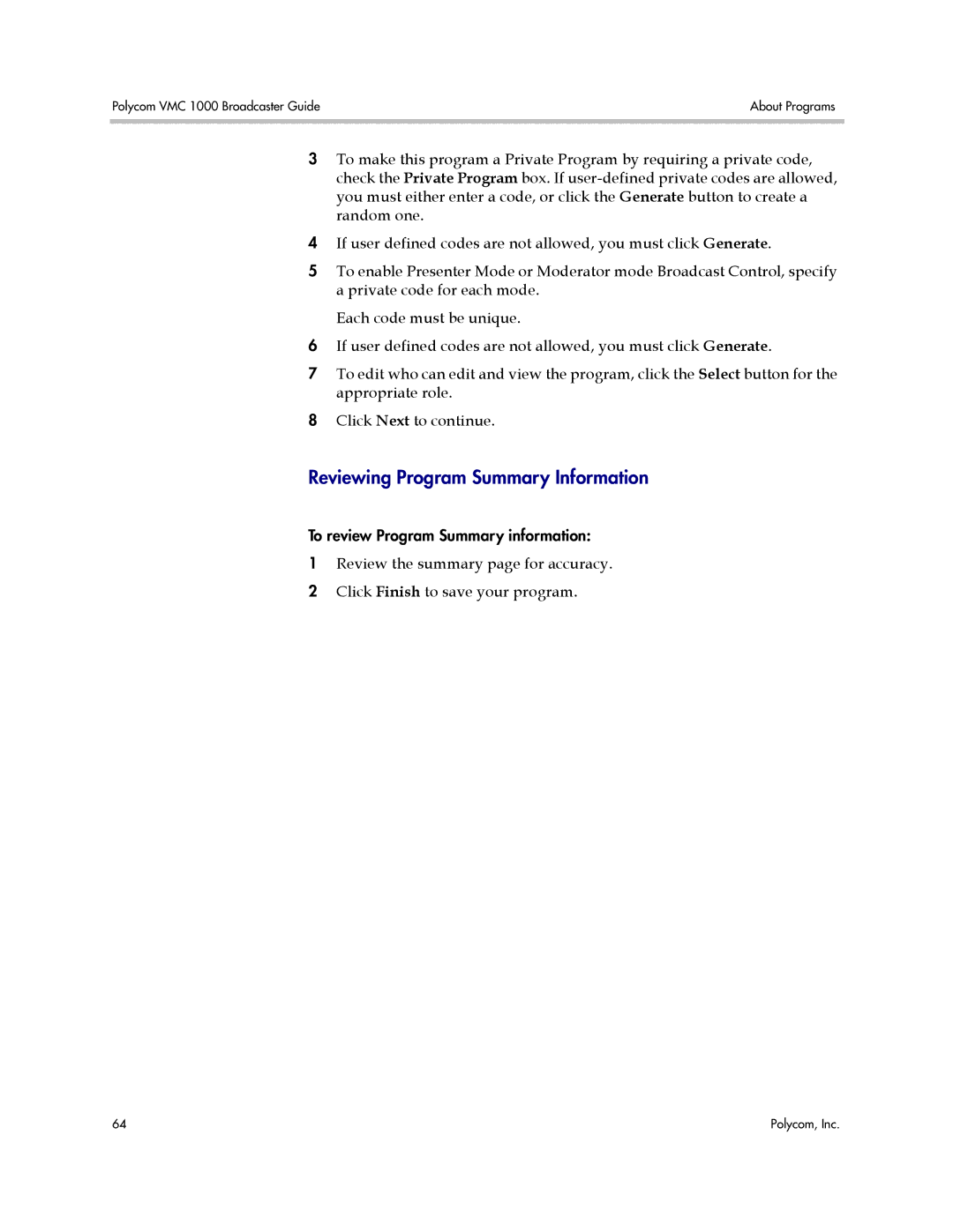 Polycom VMC 1000 manual Reviewing Program Summary Information 