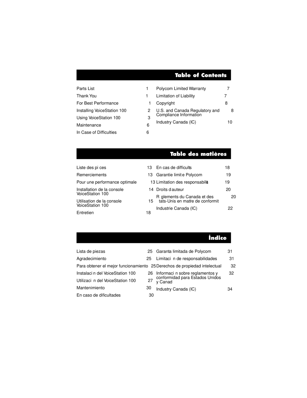 Polycom Voicestation 100 installation instructions Table of Contents, Table des matières, Índice 